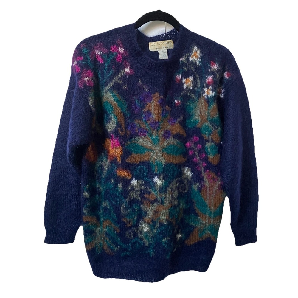 Vintage Michelle Stuart Navy Blue Mohair Wool Floral Intarsia Sweater M